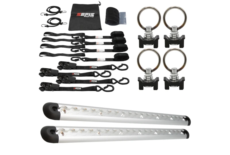 SEFIS ALU kotevní lišta AirLine 2x50cm stříbrná + 4x oko do kotevní lišty + SEFIS SET 25 pro motocykl