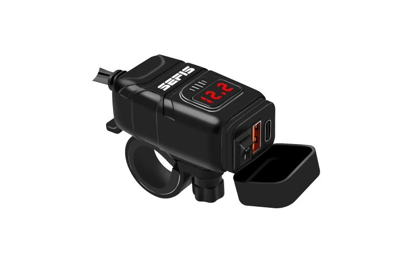 SEFIS UN10 1x USB-A a 1x USB-C  nabíječka / zásuvka s voltmetrem moto baterie pro motocykl